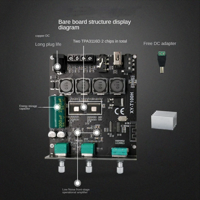 XY-T100H Bluetooth 5.0 TPA3116D2 100Wx2 Stereo HIFI Audio Module Parts With Front High-Bass Adjustment