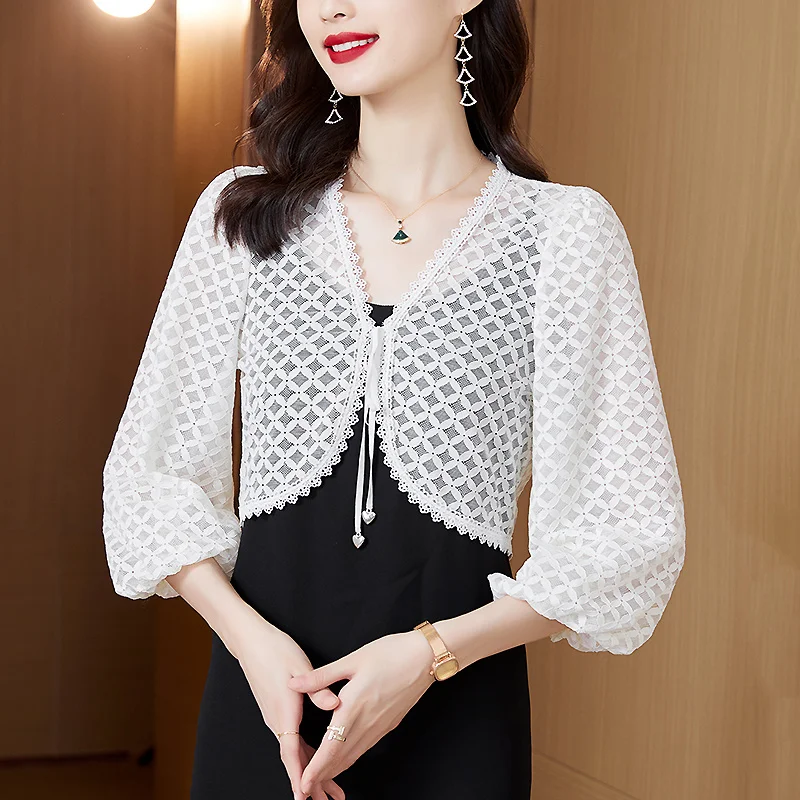 #5321 Black White Lace Jacket Women Outerwear Sunscreen Coat Female Thin Puff Sleeve Perspective Irregular Short Jacket Summer