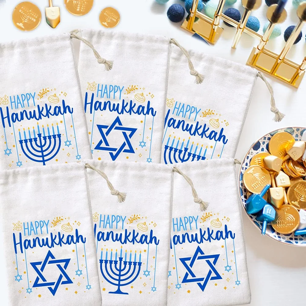 5 pièces 5x7in Hanukkah cadeau sac joyeux Hanukkah coton sac Chanukah vacances décors pour Hanukkah fête mariage anniversaire décorations