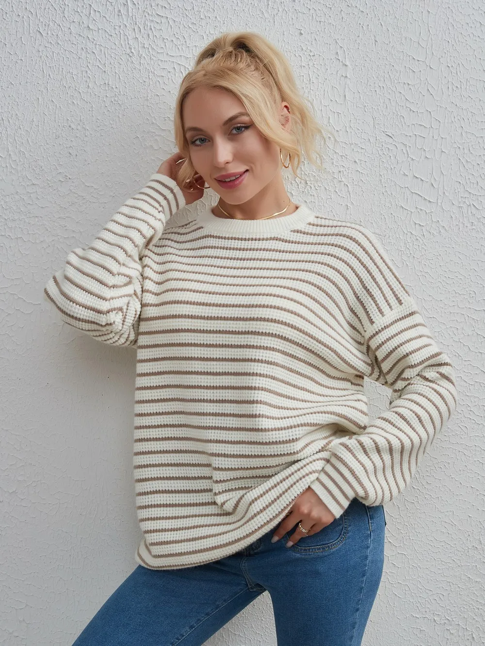 Wixra Striped Sweater Women Knitted Pullover Full Sleeve Casual O Neck 2023 Jumpers Loose Clothing Autumn Winter Hot