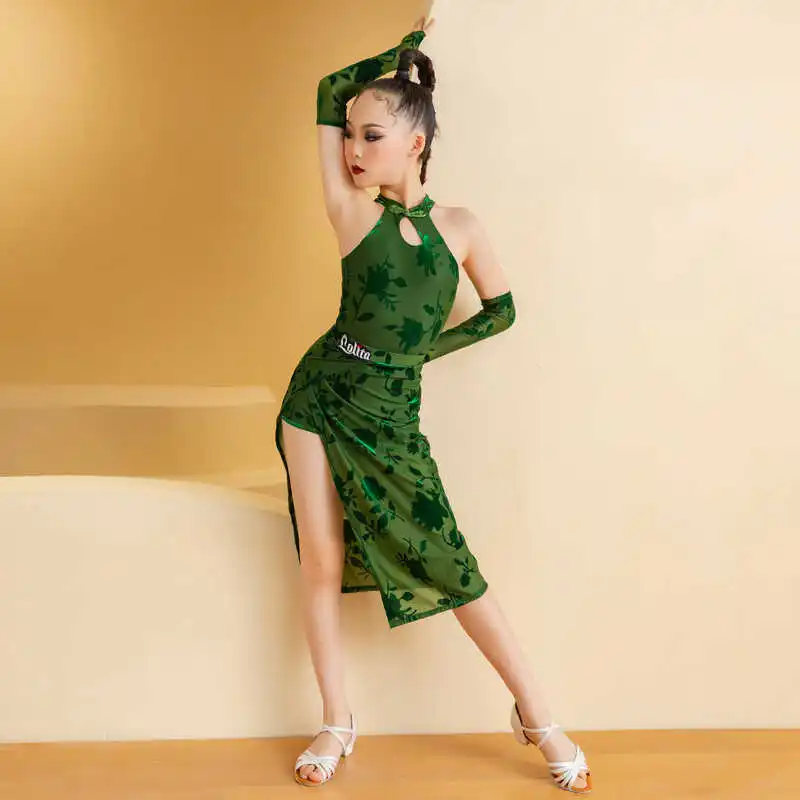 

Customized Children's Latin Dance Dress Practice Women's Cheongsam Style Burnt Flower Fabric Split Skirt Performance Suit