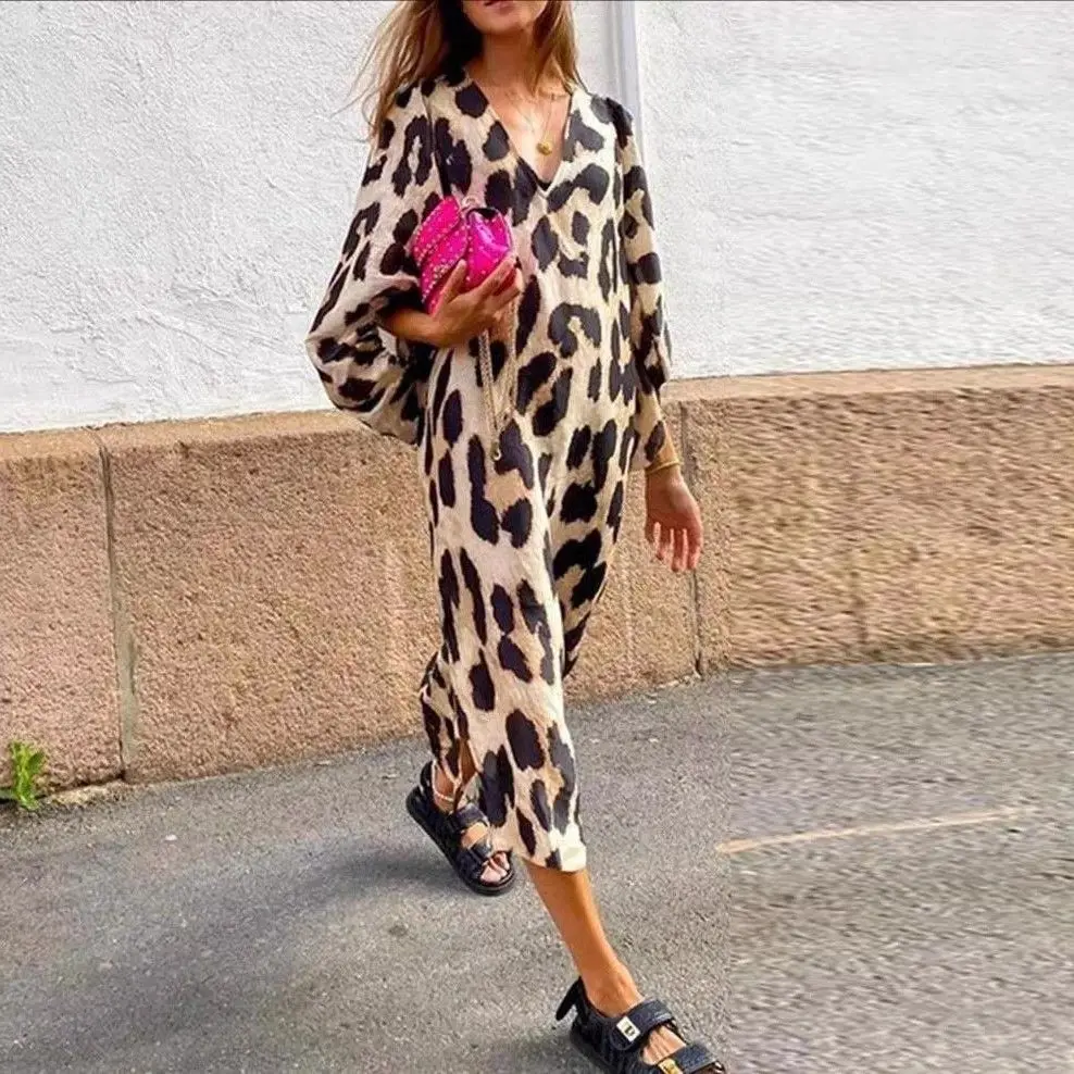 

2025 New Sexy Loose Fit Casual Leopard Print V-Neck Dress