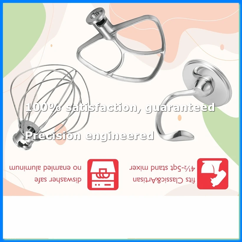 

Stainless Steel Accessories for 4.5-5 Qt Tilt Head Stand Mixer, Includes 6 Wire Whisk, Flat Beater,Dough Hook-ABYS