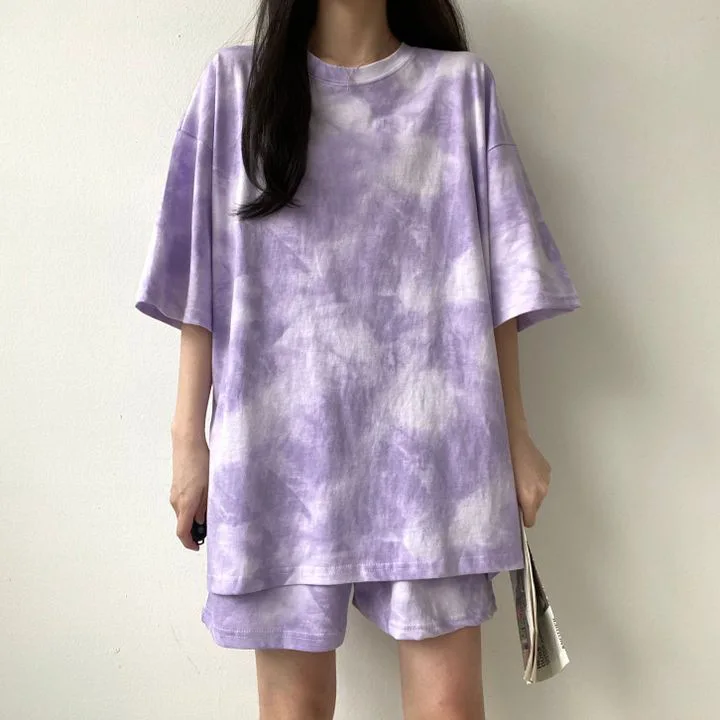 Women T-shirt Two Piece Shorts Set Tie-dye Sport Loose Mid Length Top Mini Shorts Plus Size 2 Pcs Daily Wear Top Suits Outfits