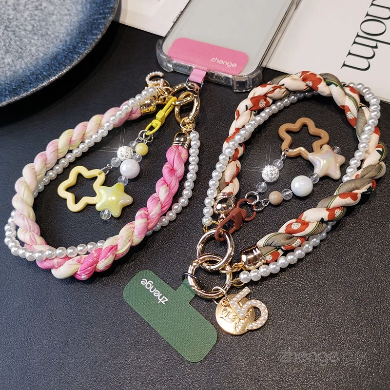 

Шелковый шарф, жемчуг, ремешок для мобильного телефона, женская бусина на запястье, короткая защита от потерь, ручная цепочка, новый дизайн