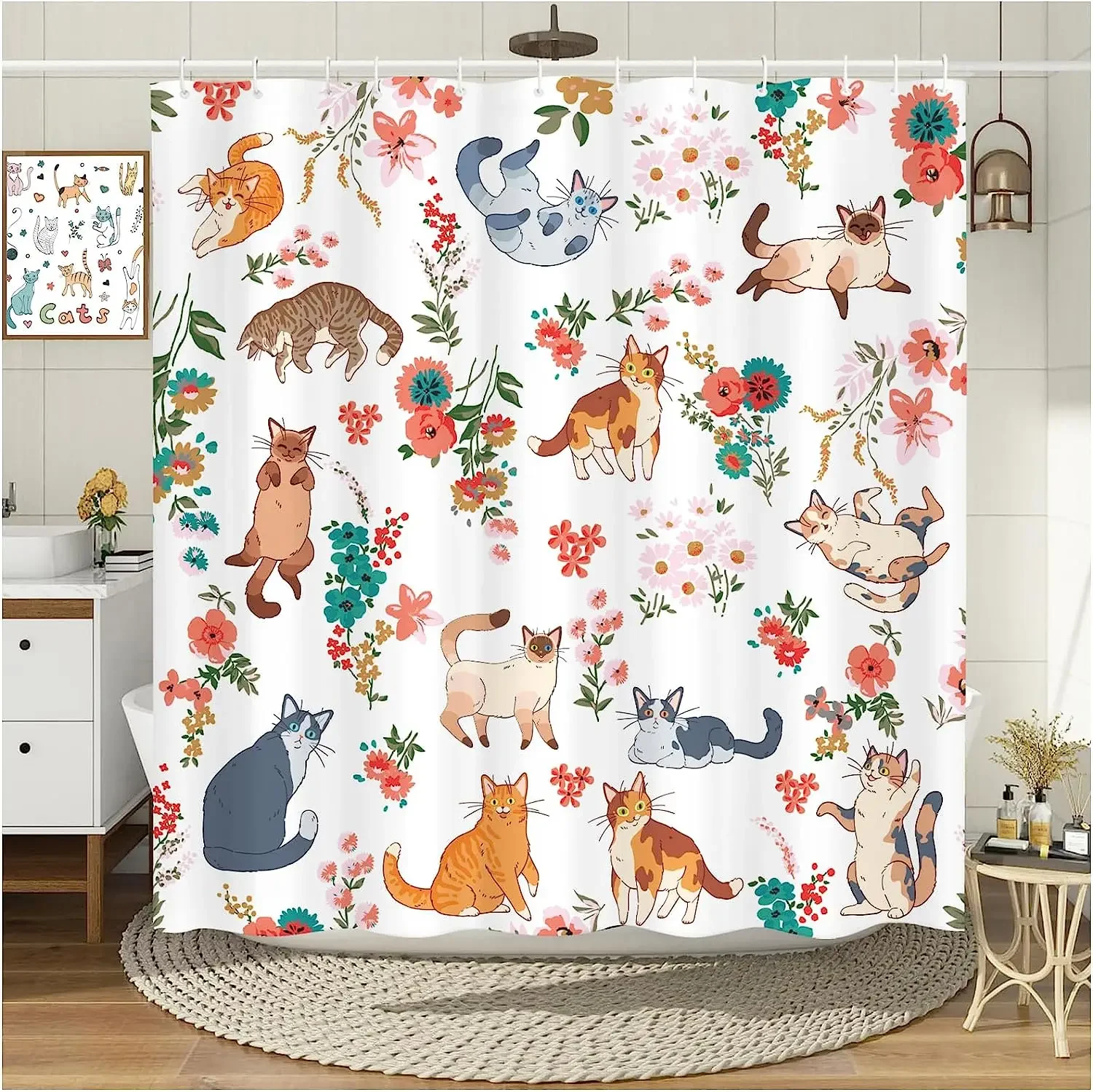 Funny Cats Shower Curtains Cute Animal Floral Bath Curtain Modern Waterproof Polyester Cloth Home Bathroom Decoration With Hooks