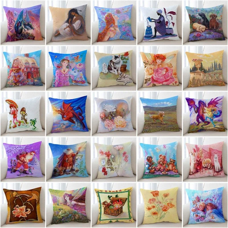 Cushion Cover 45X45CM Peach skin polyester pillowcase  Beautiful Art Painting Christmas Kids Fairy Flowers Animals