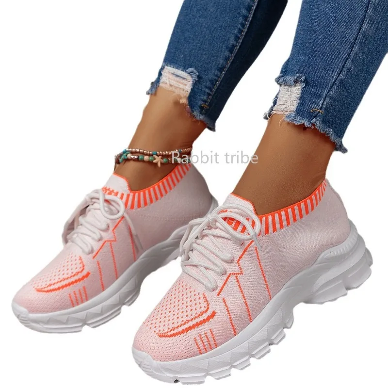 2024 New Large-sized Thick Sole Fly Woven Mesh Breathable Color Matching Lace Up Comfortable Hiking Casual Sports Shoes