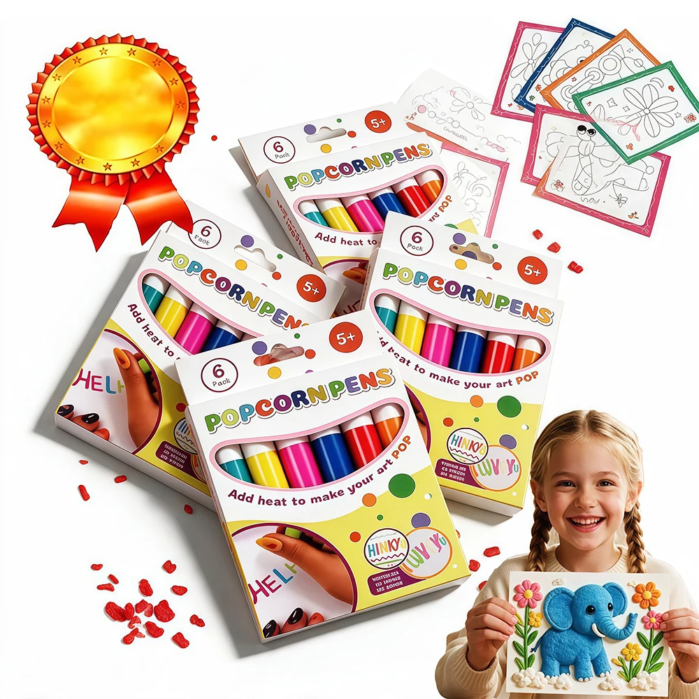 1-6 Boxes Popcorn Pens 6 Colors 3D Bubble Puffy Drawing Pen for Kids DIY Greeting Birthday Card School Drawing Handmade Projects