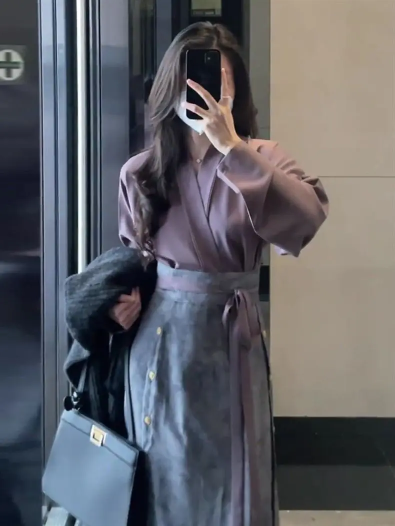 

Женская одежда: Комплект из двух предметов в китайском стиле «Лошадиная морда» — художественная полуюбка Ханьфу, стройнящая и стильная, новинка осени 2026