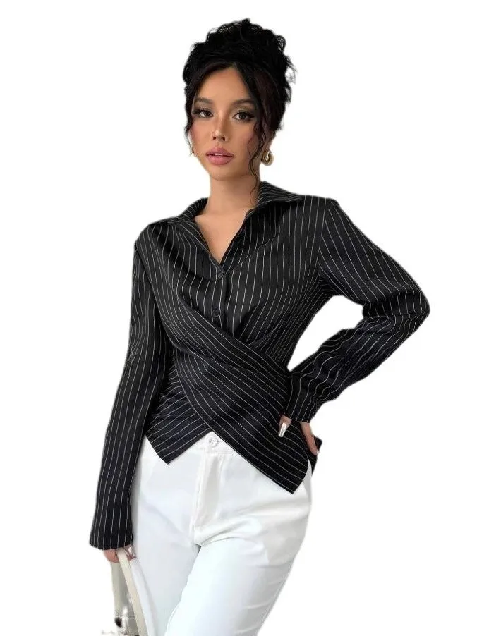 Femmes coupe ajustée longue Sve irt avec cravate à bandes décontracté Sle Faionable Ele dames Premium Quali vêtement chinois