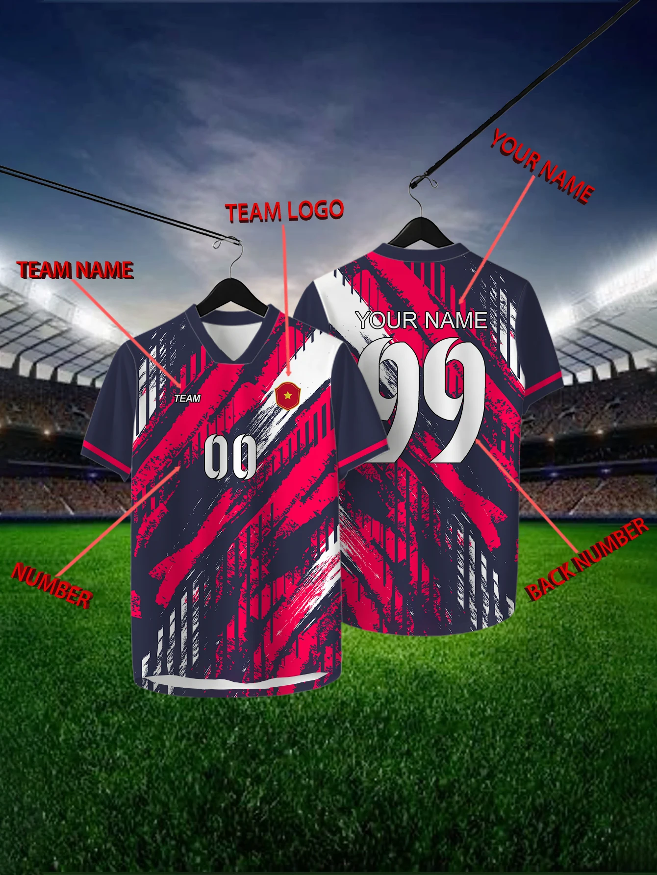 

Customized Geometric Black Short Sleeved Shirt with Team Name, Emblem, Name and Number, Outdoor Sports Short Sleeved T-shirt