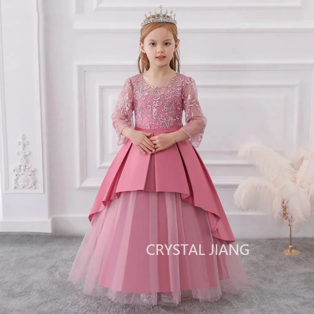 Elegant Long Jewel Neck Beaded Satin Flower Girl Dresses Full Sleeves with Bow Ball Gown Floor Length Formal Occasion Dress