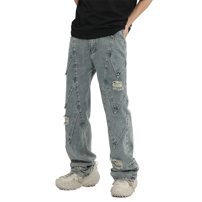 

Men's High Street Ripped Jeans Pants Fashion Design Distressed Denim Trousers With Holes Washed Blue Bottoms