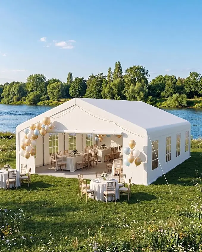 20x33 FT Outdoor Party Wedding Event Canopy Tent, Galvanized Steel Frame Shelter with Mesh Screen & Roll-Up Double Doors, Waterproof PE Cover, Removable Sidewalls and Windows