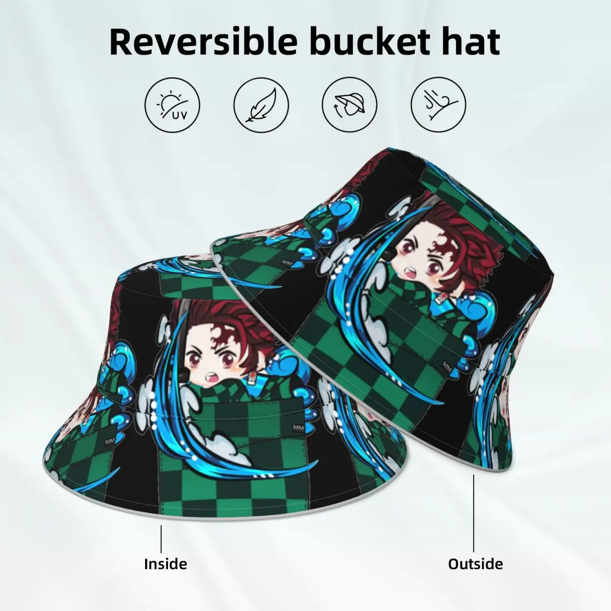 Tanjiro In Pocket Demon Slayer Bucket Hat Kimetsu no Yaiba Hawaii Fashion Reflective Fisherman Hats Printed Reversible Sun Hat