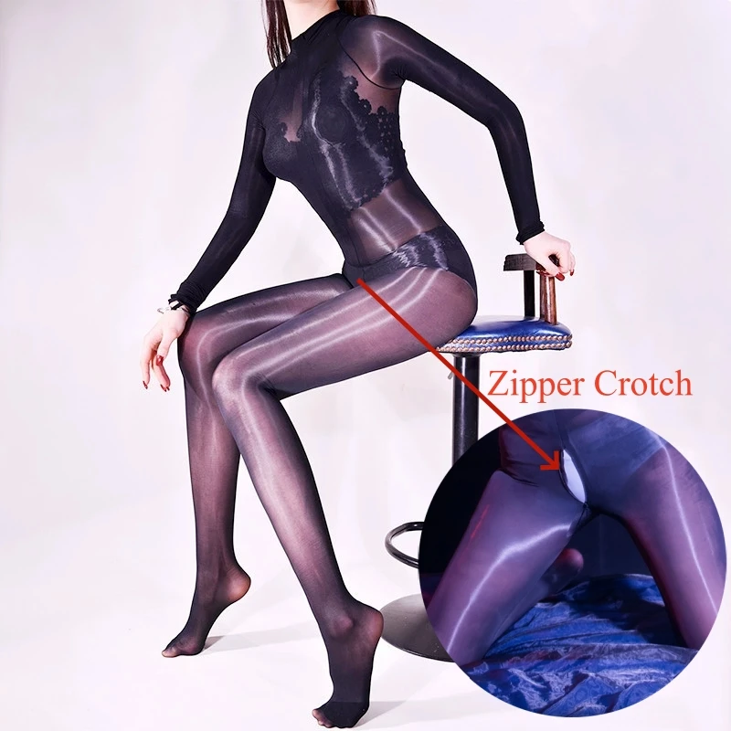

Zipper Open Crotch Tights 8D Oil Shiny Long Sleeve Full Body Stockings Female Erotic Thin Transparent Nightwear Bodysuit