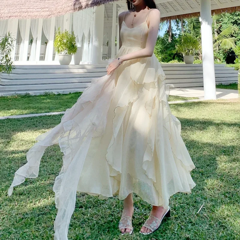 

Женское платье на бретельках с оборками, белое длинное пляжное платье для отдыха, лето 2019