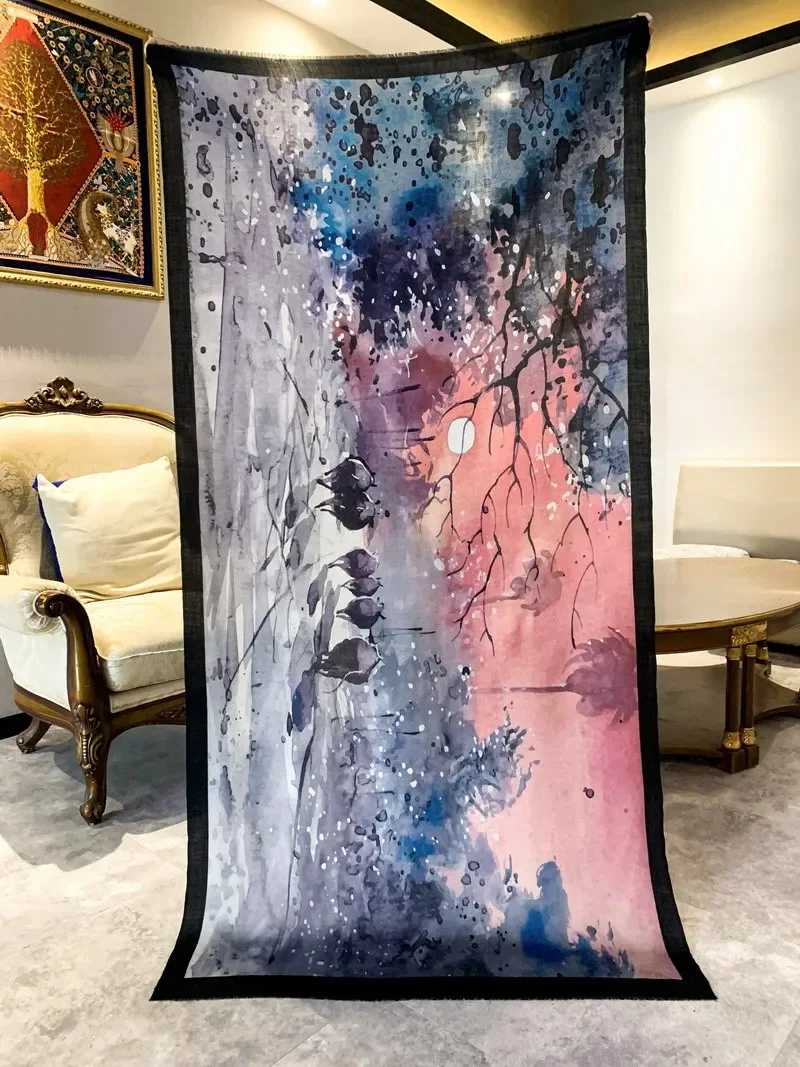 High-end Elegant Women's Exquisite Twilight Sunset Print Quality Water Soluble Wool Handmade Fringe Soft Warm Long Scarf Shawl