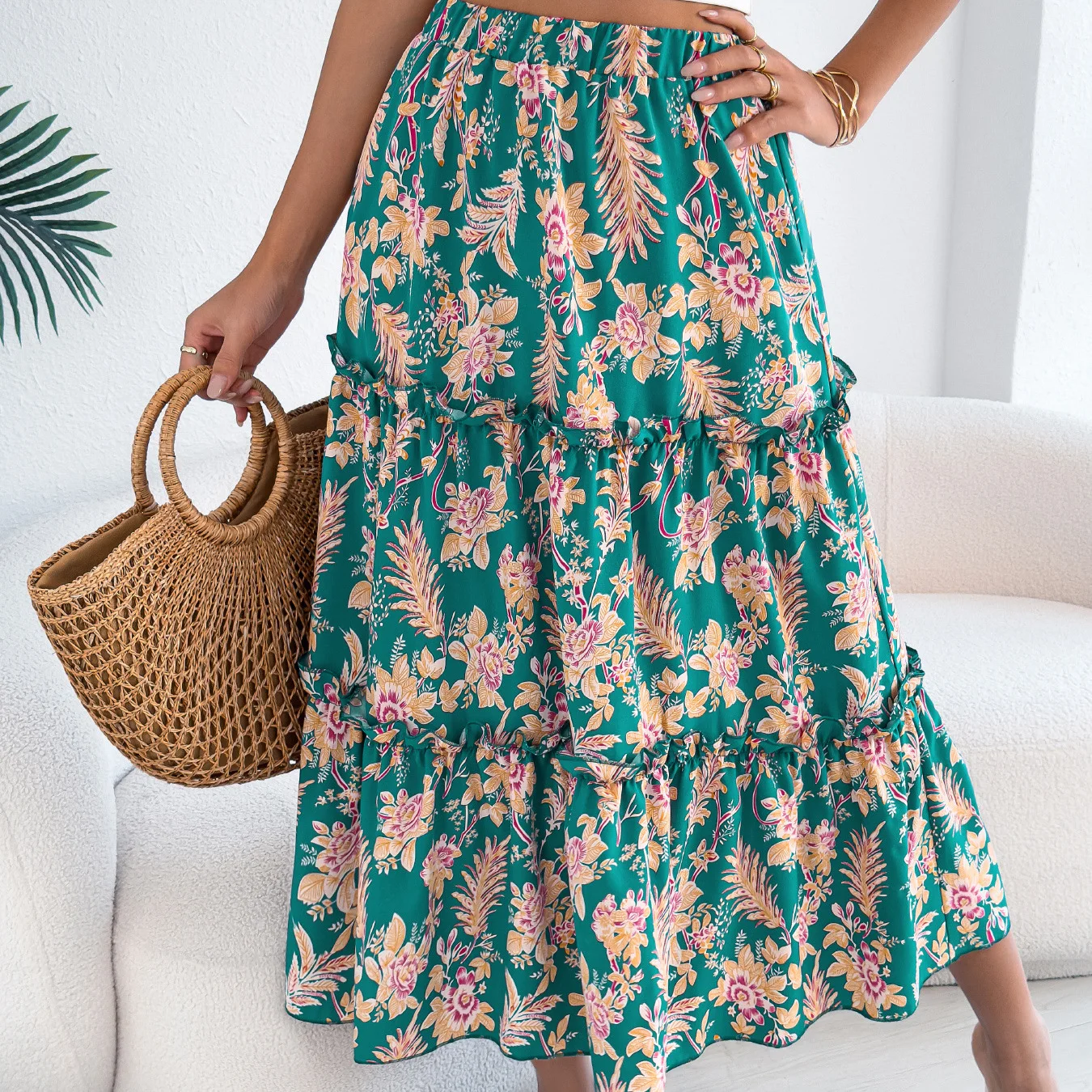 

2026 Spring/summer Women Casual Floral Print Mid Length Skirt With Elegant Ruffle Patchwork Maxi Skirt Office Lady Falda