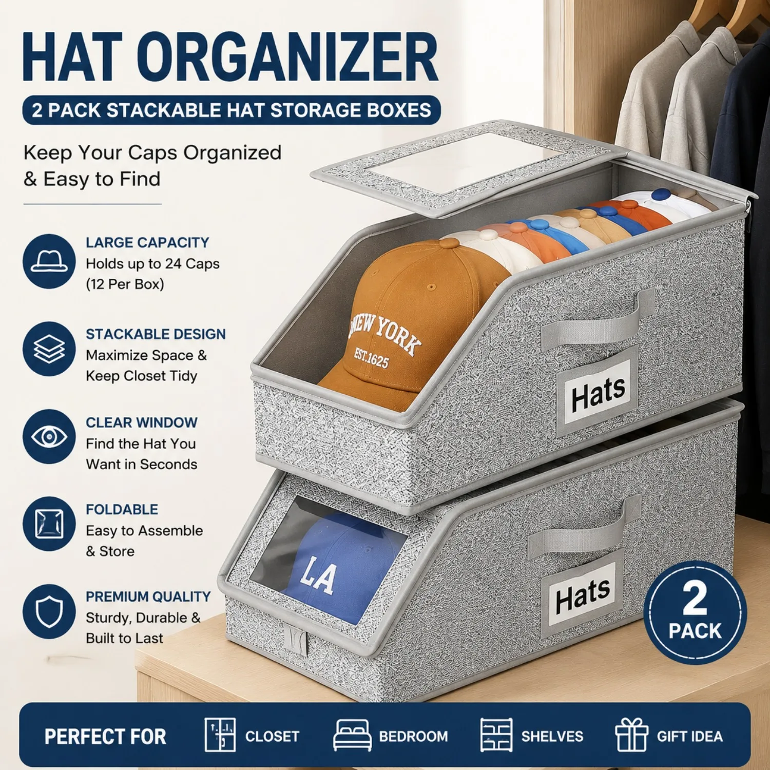 Hat Organizer for Baseball Caps,Stackable Hat Storage Box with Clear Window,Foldable Cap Holder Closet Organizer for Men Women