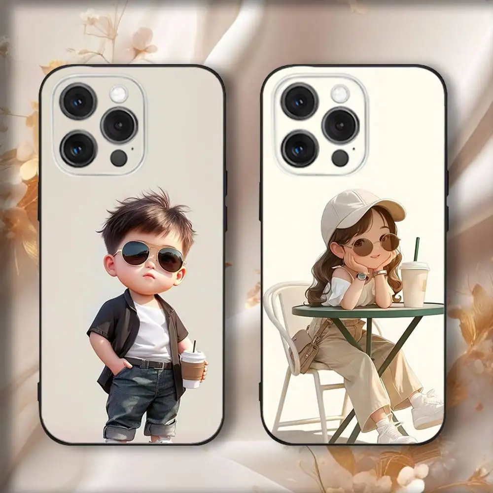 

Coffee Boy Girl Phone Case For iPhone16,15,14,13,12,11,Pro,Max,Plus,X,XS,SE4,E,Mini,Soft Black Case