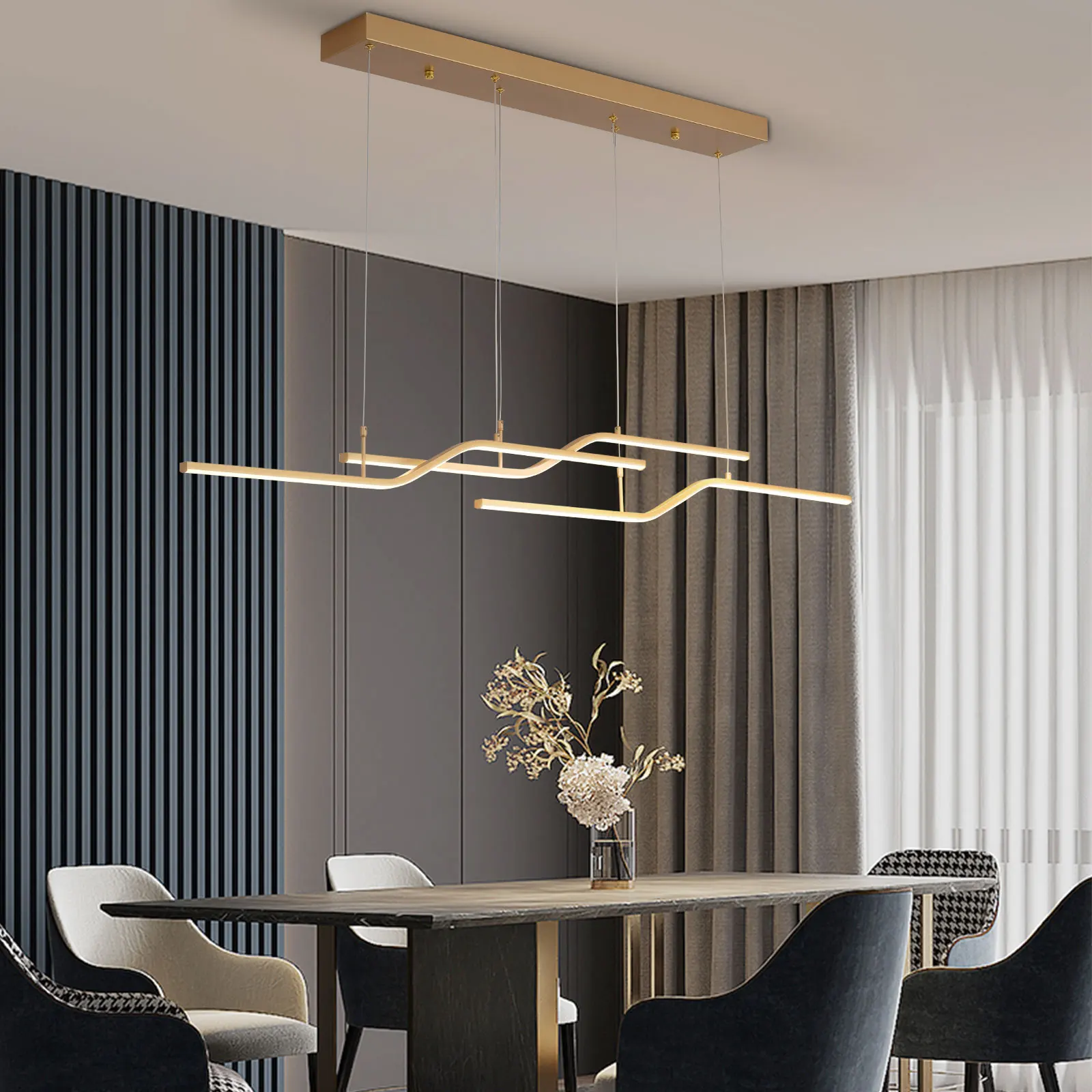 

Linear LED Pendant Light in Gold with Infinite Dimming and Remote Control 3 - Light Kitchen Linear LED Pendant