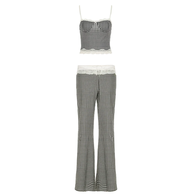 BIIKPIIK Plaid Lace Flare Pants Sets Patchwork Elegant Women Casual Two Piece Suit Streetwear Sweet Tank Top Autumn Slim Fit Set