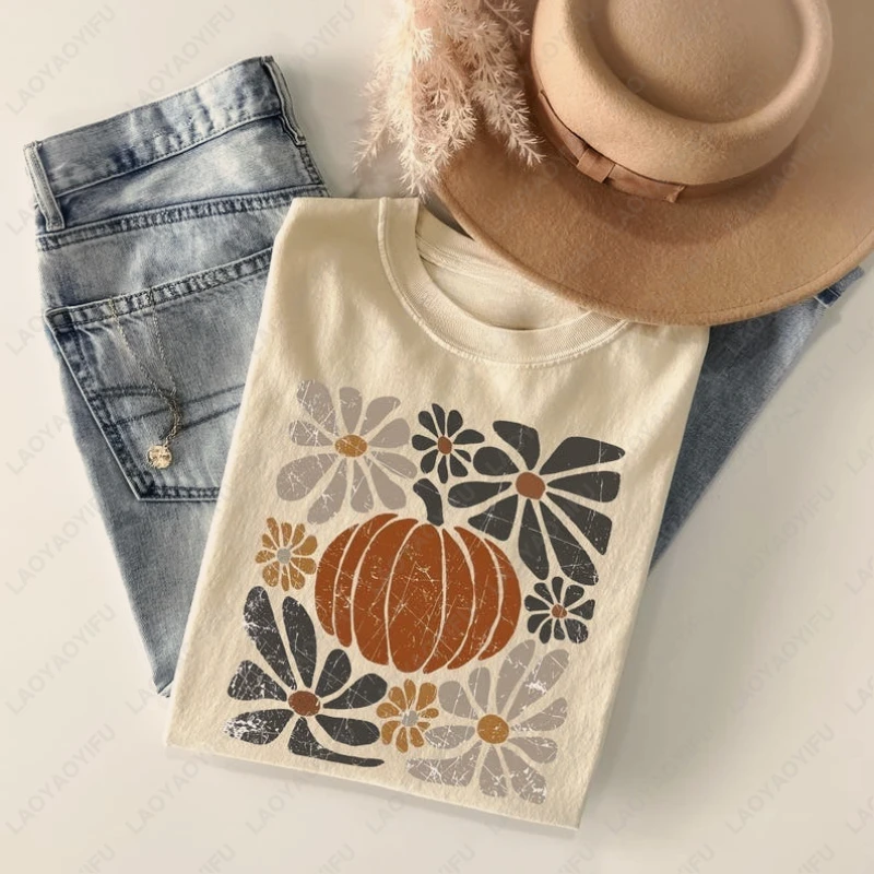 

Pumpkin Floral Retro Fall Camisetas Men Women High Quality Cotton Tops Unisex Adult Vintage Nostalgia Aesthetic Harajuku Tshirt