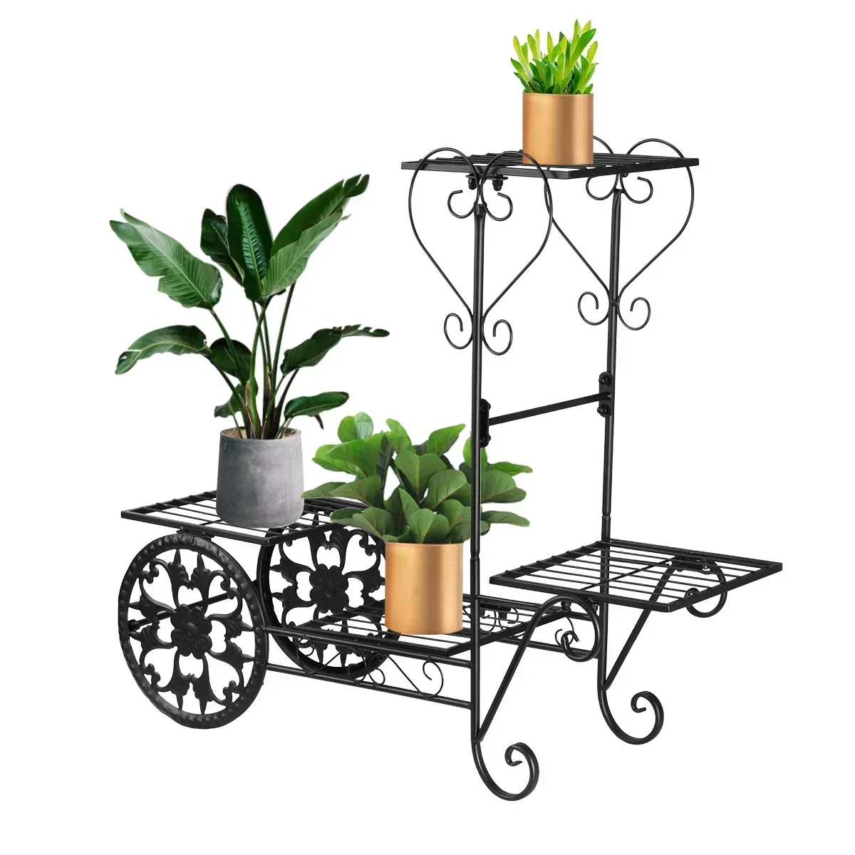 

Excellent Top Quality 4-Tier Retro Hollow Shaped Metal Plant Stand Black Flower Pot Shelf With Retro Wheeled Storage