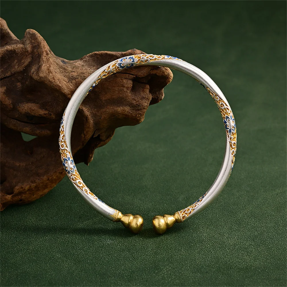 S999 Sterling Silver Vintage Open Cuff Bangle for Women Color Enamel Peach Blossom Round Tube Bracelet Floral Jewelry Gift