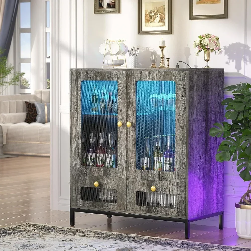 High Quality Side Panel Buffet Cabinet With Storage Space, Bar Cabinet With Power Sockets And LED Lights, Kitchen Storage