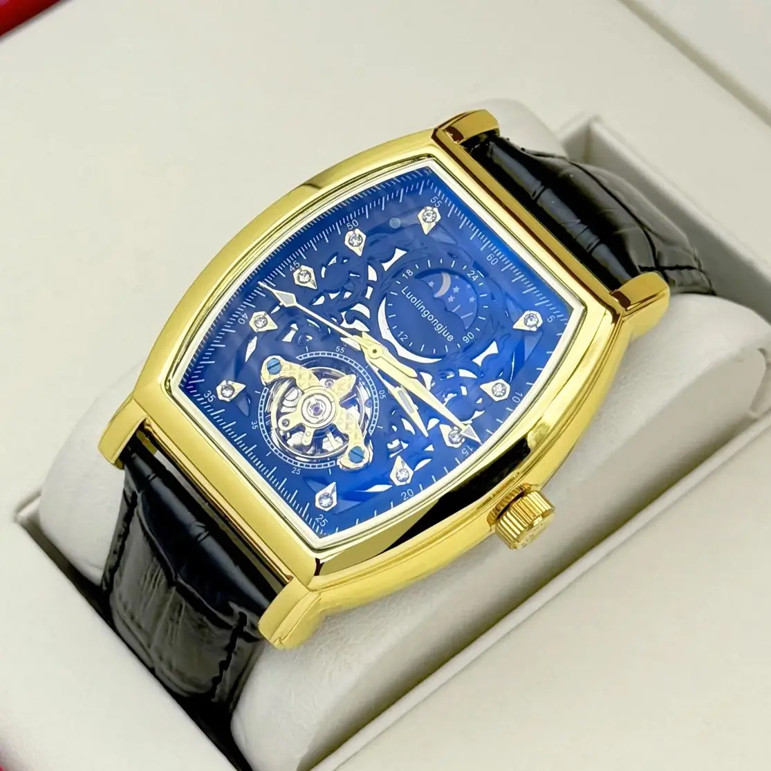 High-End Business Men's Watch, Barrel-Shaped Hollow-Out Automatic Mechanical Watch, Waterproof Leather Strap, Light Luxury, Fashionable, Casual, Versatile, Trendy Men's Watch, a Must-Have for Gift-Giving