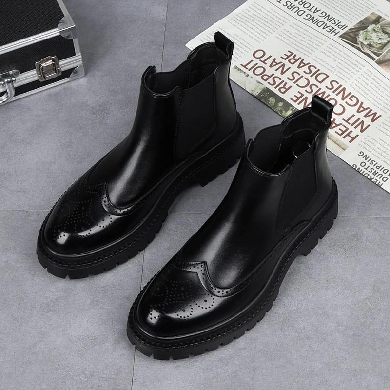 

mens fashion party banquet dress chelsea boots carved brogue shoes cowboy original leather platform boot autumn winter botas man
