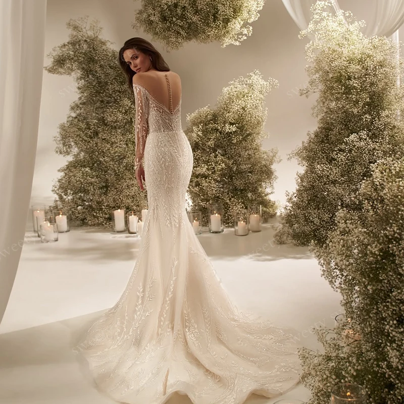 

Elegant Mermaid Wedding Dress Bead With Organza Embroidery Ball Gown O-Neck Full Sleeve Customized Bride Button Vestido De Novia