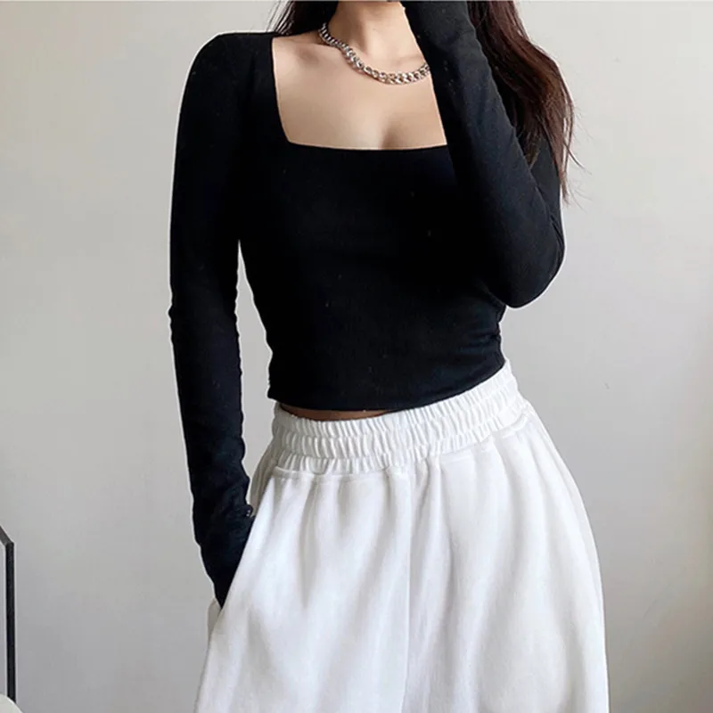 

Slim Fit High Waist ort Svel T-irt Square Collar Elastici Pure Color Base irt Women's Spring Commute Sle Top