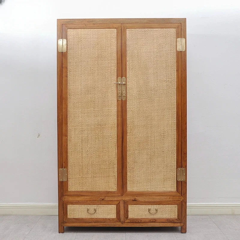 New Chinese style camphor wood wardrobe, pure solid wood household rattan mat, bedroom, two door wardrobe, insect proof,