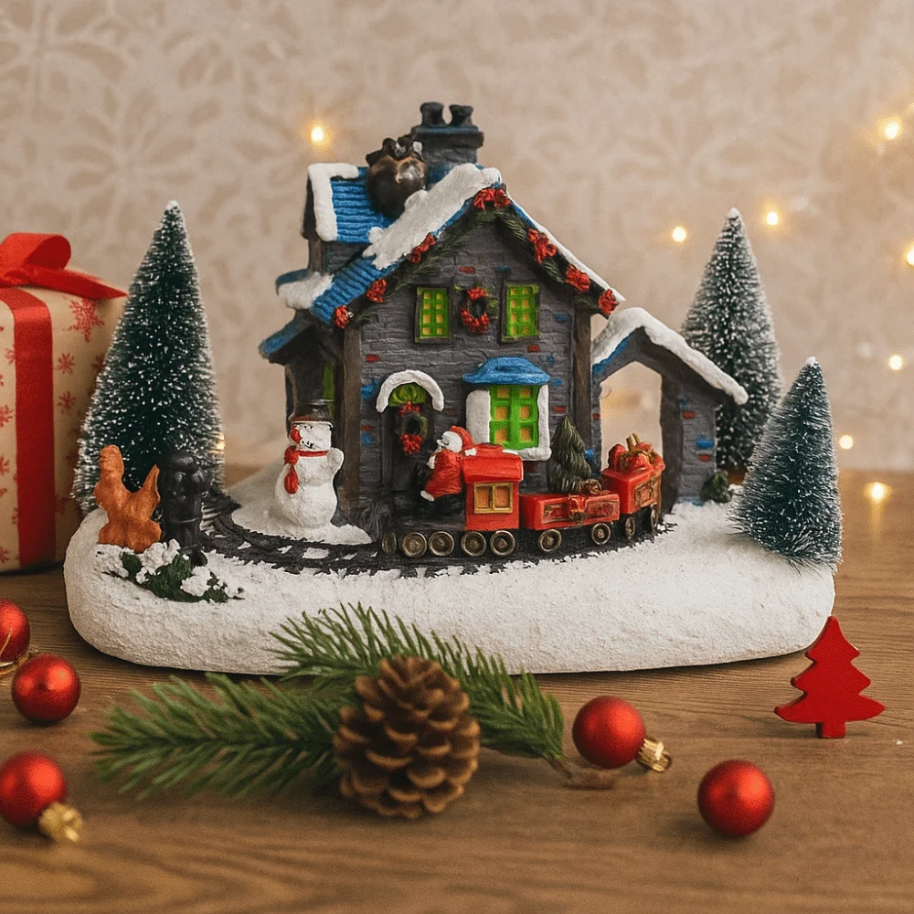 

Resin Christmas Luminous House Ornaments LED Lighted Snow House Figurine Christmas Train House Ornament