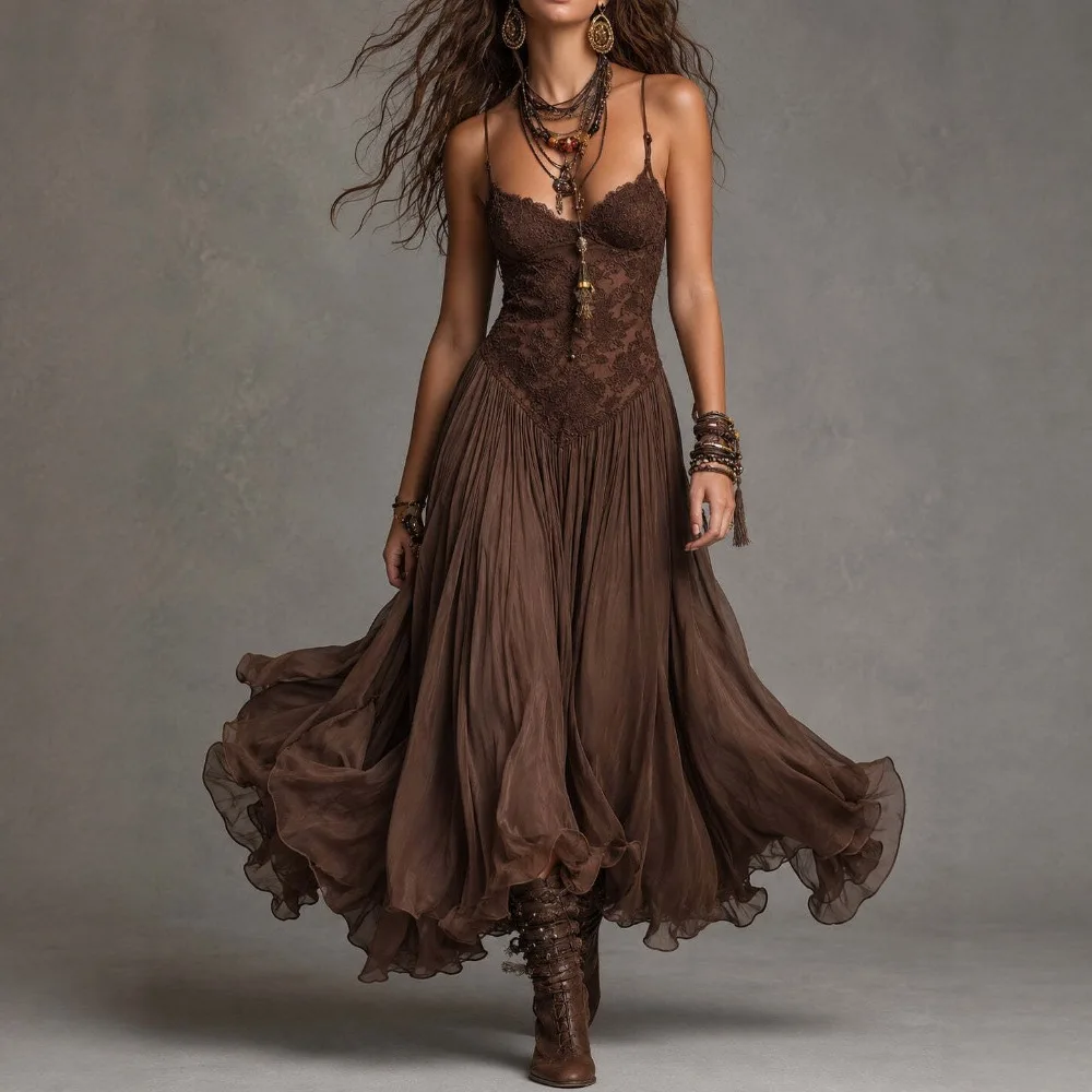Damen Braunes Spitzen-Chiffon-Maxikleid Sexy Spaghetti-Trägerkleid Schlankes Westliches Fließendes Retro-Elegantes Partykleid für Sommer und Alltag