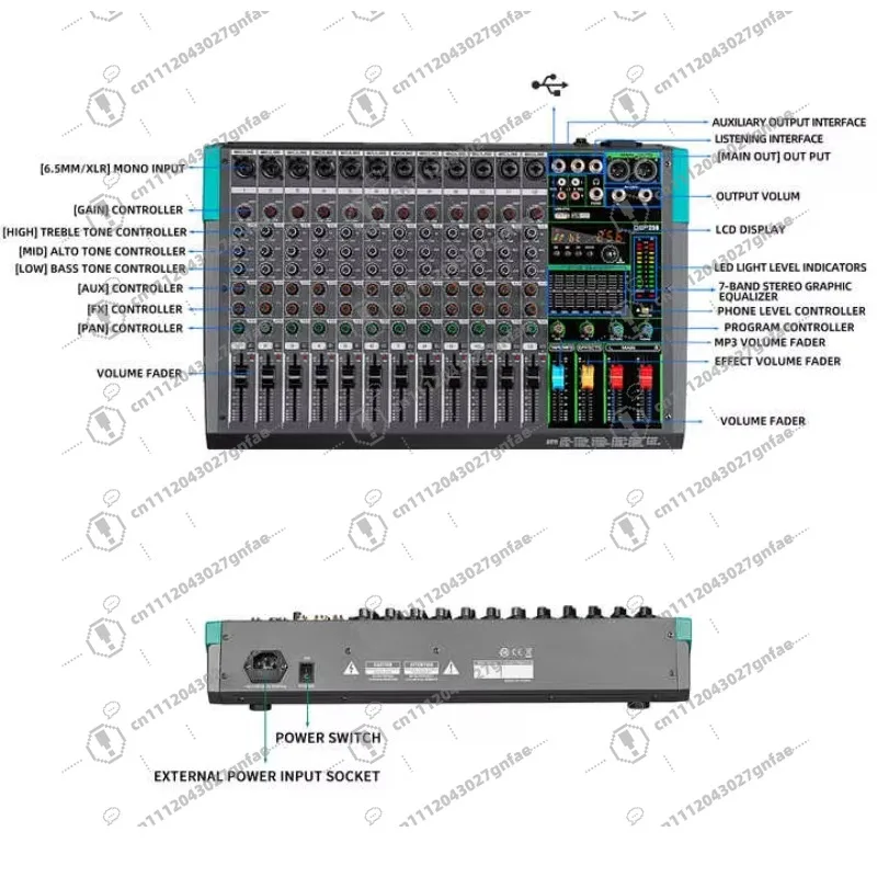 Professional 12-channel digital audio mixer console 256 DSP with USB connection metal plastic material for stage
