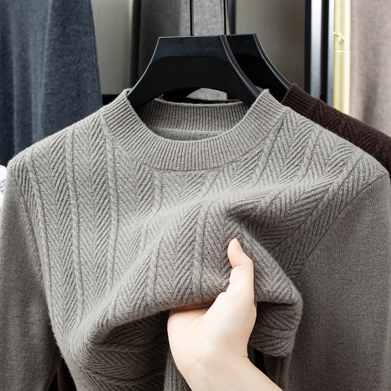 

Мужской утолщенный свитер из 100% шерсти, вязаный пуловер с круглым вырезом и длинным рукавом с узором «елочка», осень-зима, теплый классический повседневный свитер