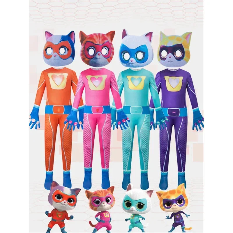 ชุดจั๊มสูท SuperKitties ชุดฮาโลวีนรัดรูป ชุดการแสดงบนเวที ซุปเปอร์แมว