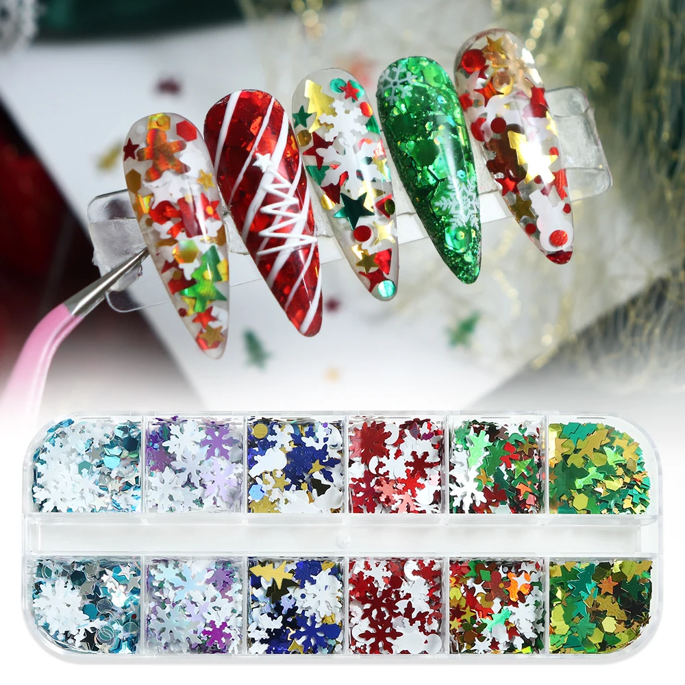 Christmas Day Nail Art Glitter Xmas Tree Winter Snowflakes Nails Sequins Bowknots Star Manicure Accessories Christmas Decoration
