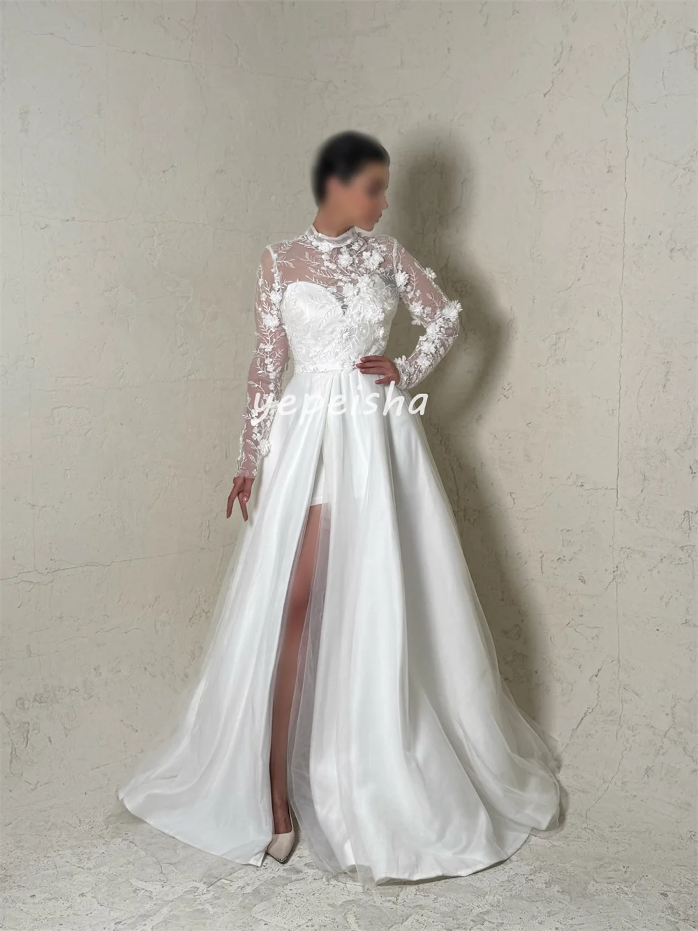 

Customized Matching Exquisite Pleat Handmade Flower Lace A-line High Collar Long Dresses Bespoke Occasion Dresses High Quality