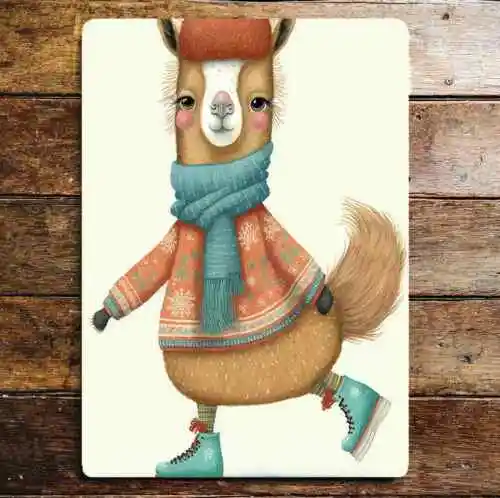 Happy Cute Ice Skating Llama Jumper Metal Sign Plaque