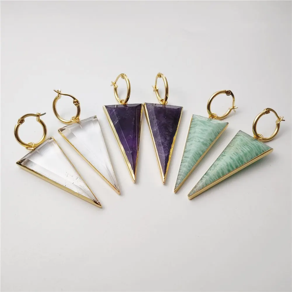 FUWO Whoelsale Gemstones Triangle Shaped Earrings,Golden Plated Handmade Fluorite/Crystal Point Ear Hoop Jewelry ER430M 5Pairs