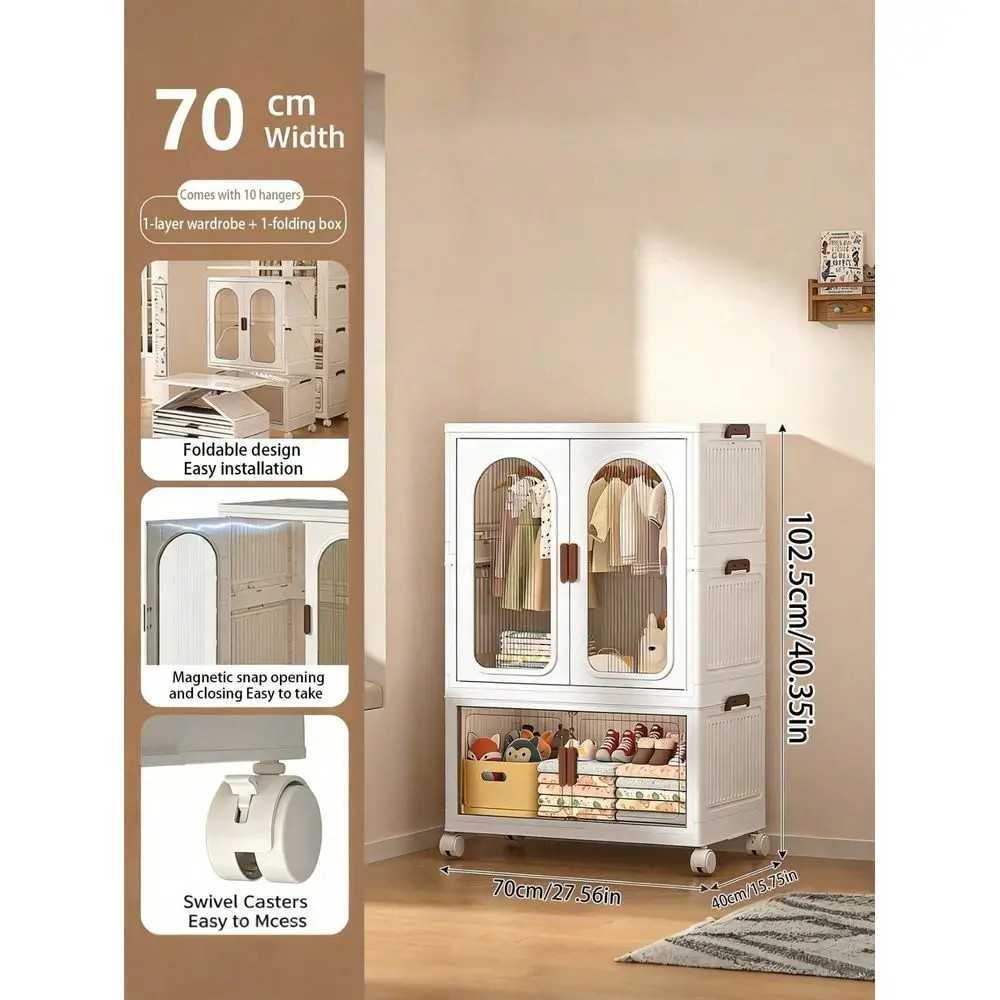 27.55in Wardrobe Storage Set Stackable And Foldable Trash Can With Lid, Foldable Transparent Storage With Wheels And Door