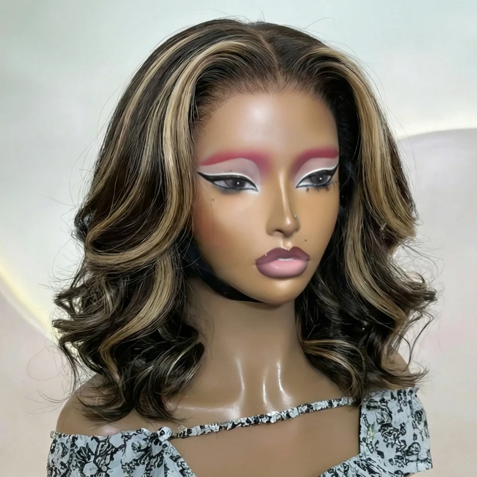 10 12inch Layered Glueless Bob Wigs Human Hair for Black Women Brown Blonde Highlight Layered Cut Bob 5x5 Lace Closure Wig