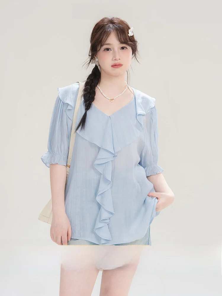 

Heynew plus Size Women's V-Ne Chiffon irt Summer New Sle Slimming Flounce Hem Korean Sle Commute Faion irt