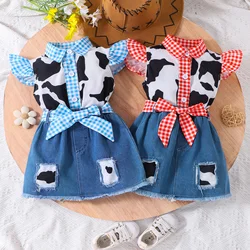 2PCS Summer New Style Girl's Sweet Personality Plaid Matching Cow Pattern Black And White Shirt + Denim Skirt